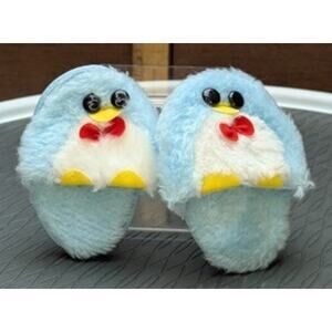 Vintage 80s 3" Doll Slippers Blue White Penguin Bow Tie Cute Retro Nostalgia
